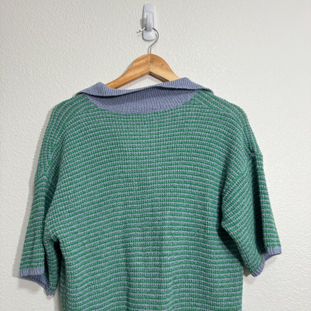ZARA Knit Green Blue Stripe Sweater Top Short Sleeve Polo Collar Small-Medium - Picture 6 of 6